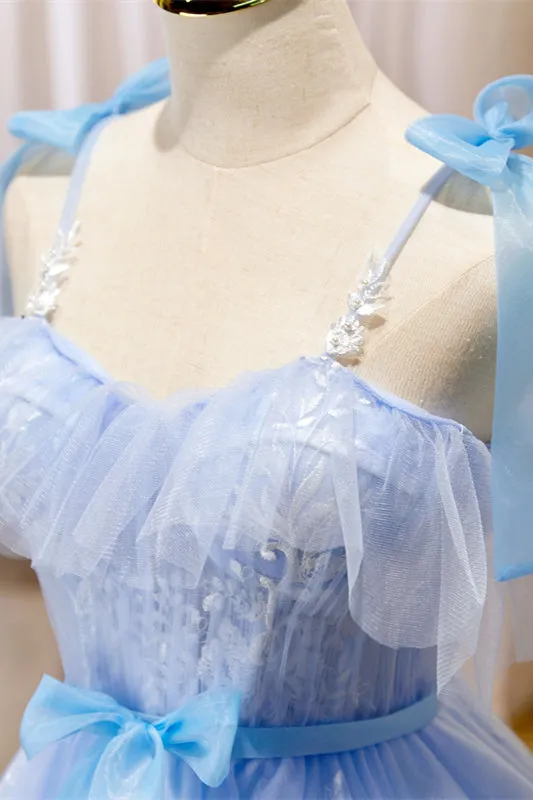 Sky Blue Tulle and White Lace Short A-line Princess Dress