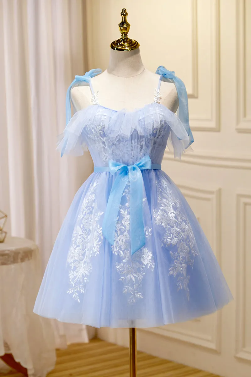 Sky Blue Tulle and White Lace Short A-line Princess Dress