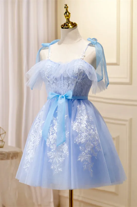 Sky Blue Tulle and White Lace Short A-line Princess Dress