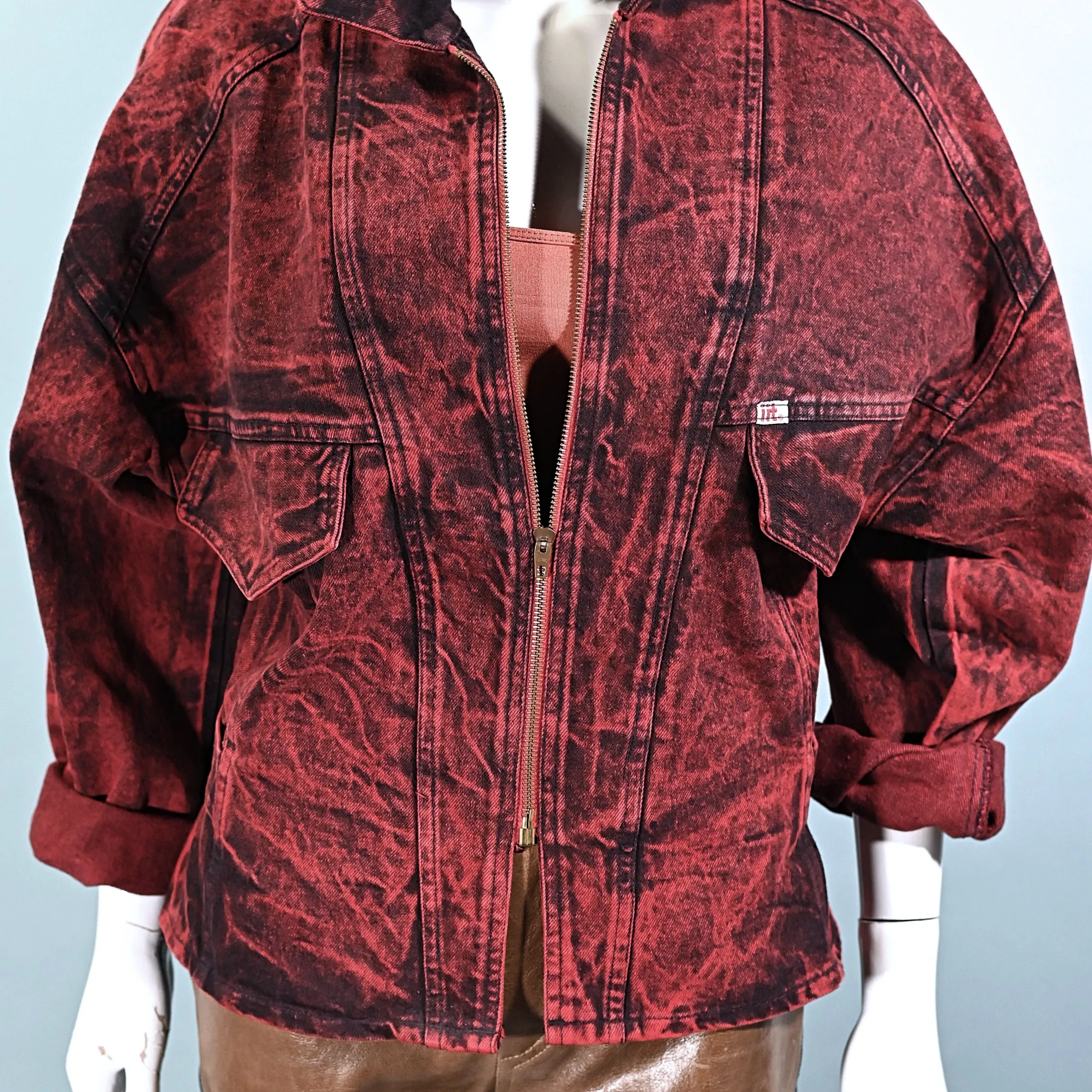 SOLD Vintage 80s Denim Jacket, Acid Washed Red/Black Overdyed by IIT M