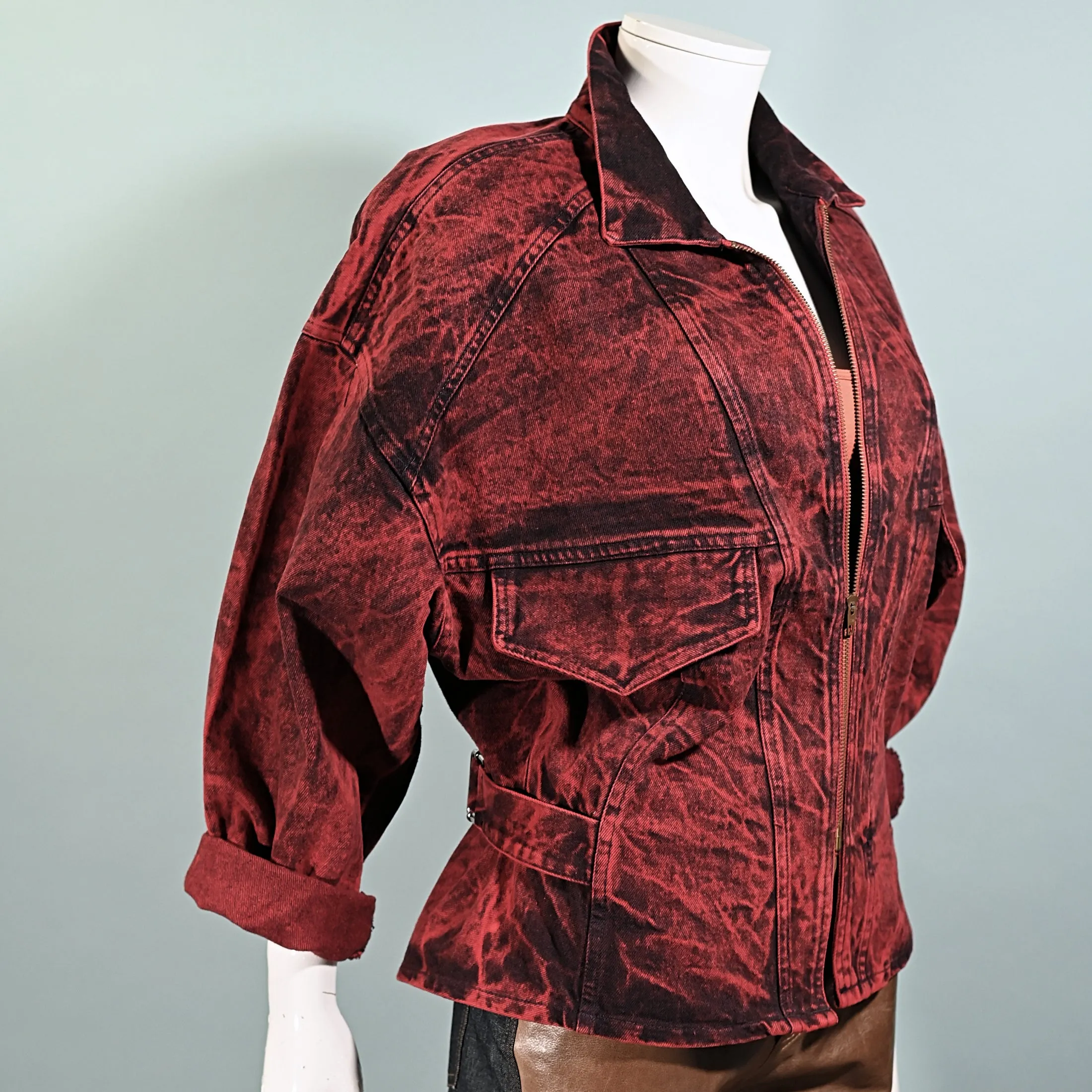 SOLD Vintage 80s Denim Jacket, Acid Washed Red/Black Overdyed by IIT M