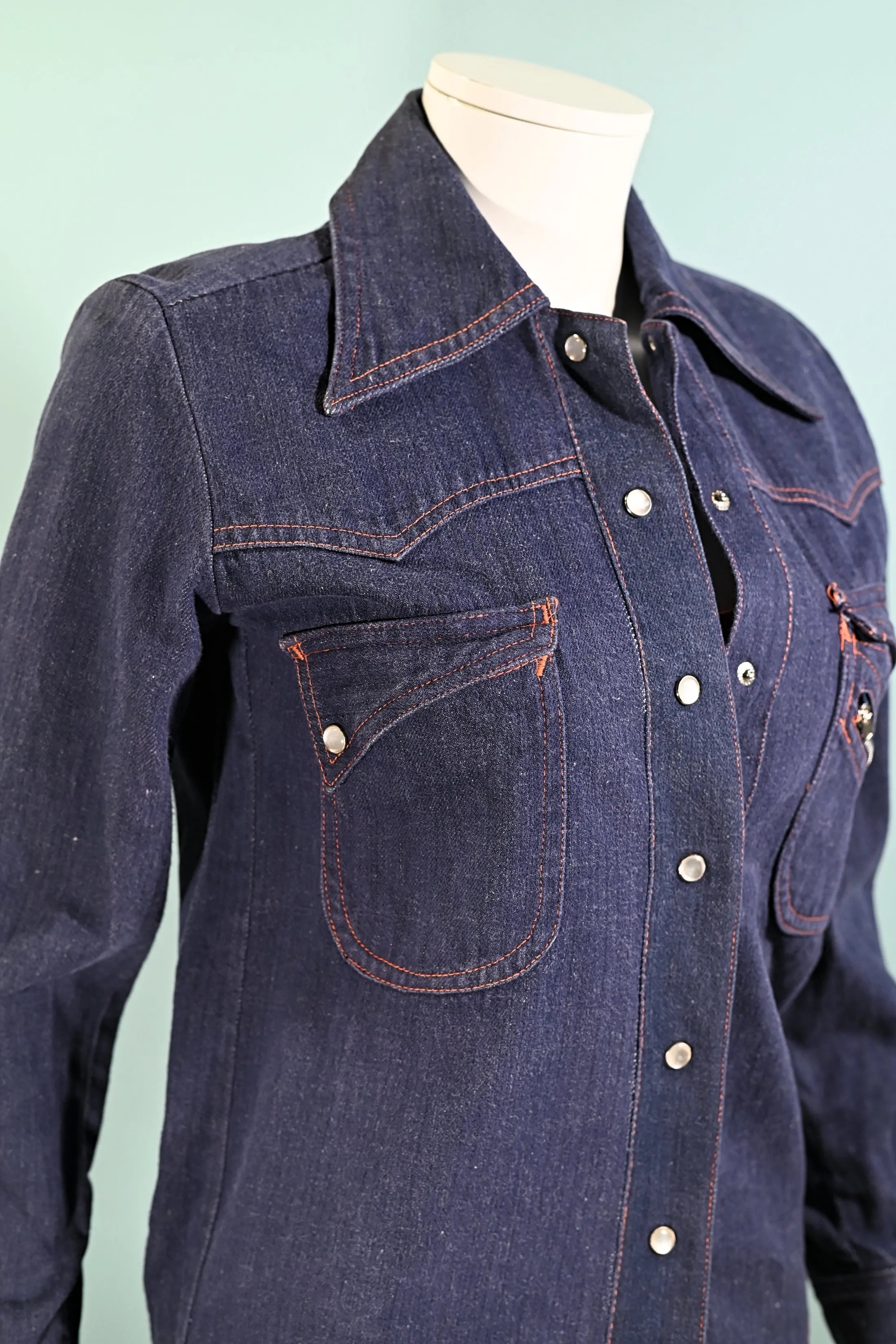 Vintage 60s Denim Fitted Shirt, Sears Junior Bazaar Denim Top XS/S