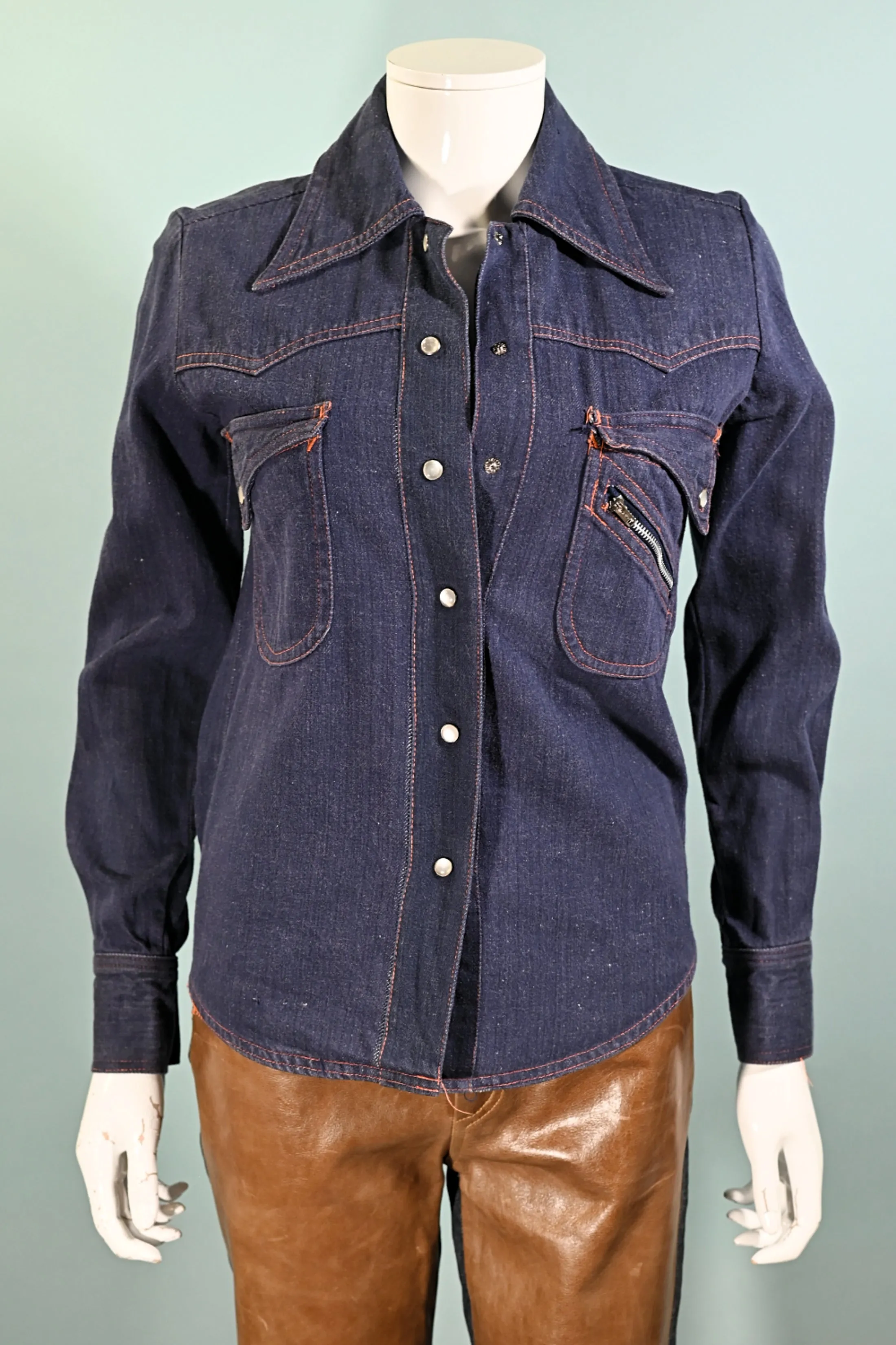 Vintage 60s Denim Fitted Shirt, Sears Junior Bazaar Denim Top XS/S