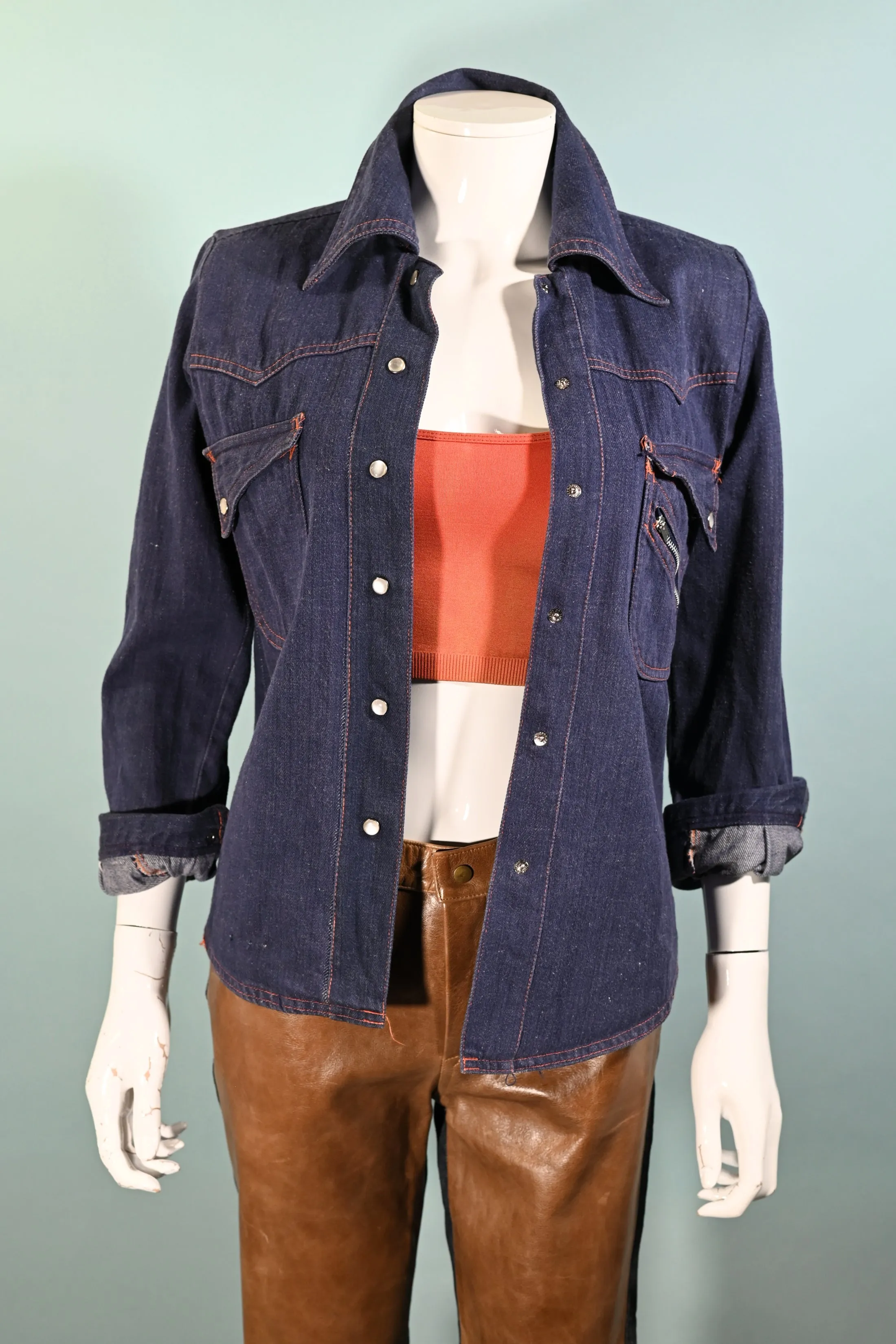 Vintage 60s Denim Fitted Shirt, Sears Junior Bazaar Denim Top XS/S