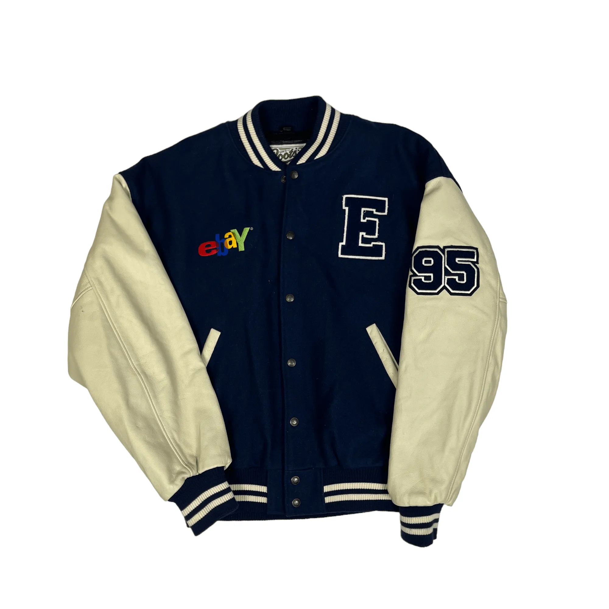 Vintage 90s Navy Blue   Cream eBay Varsity Jacket - Large