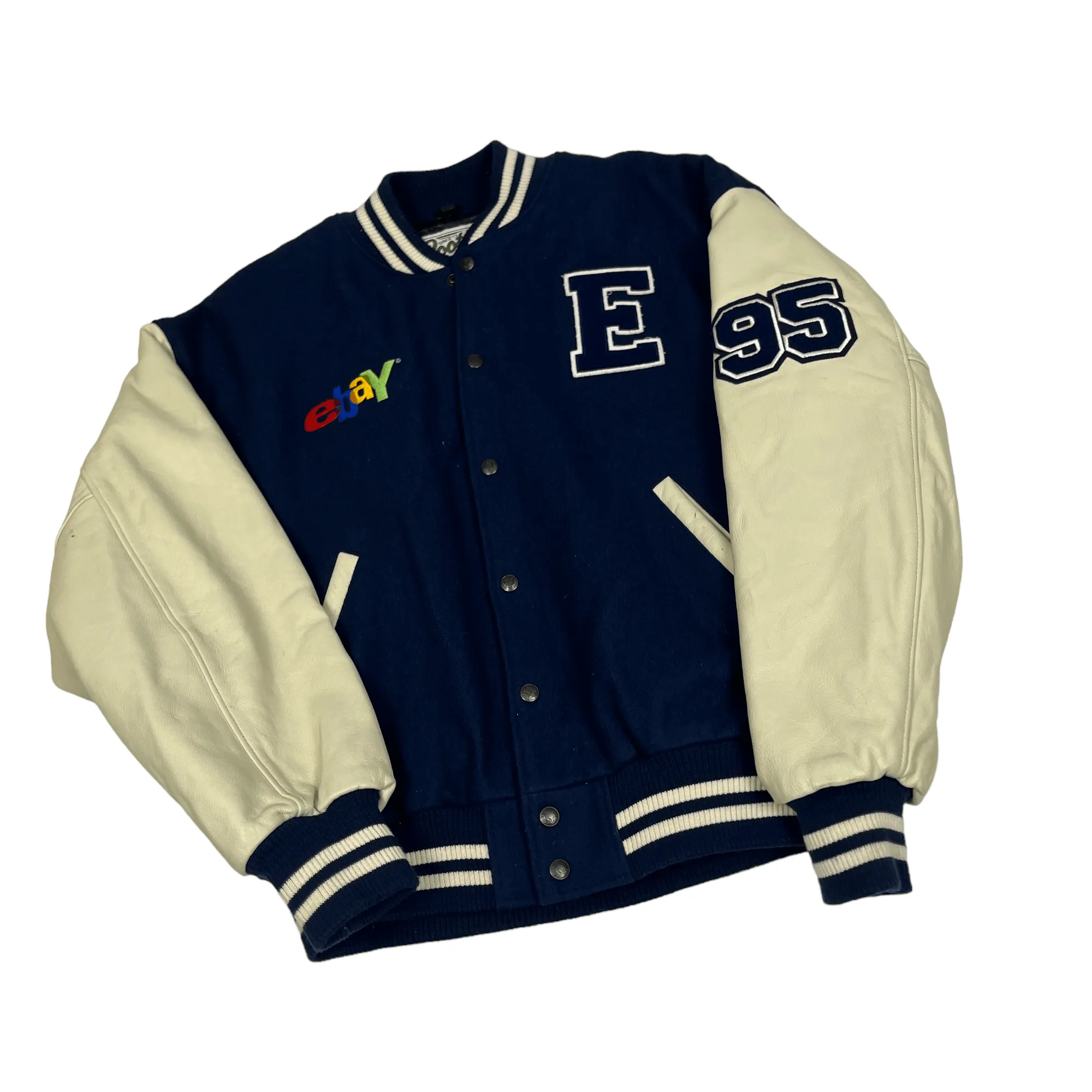 Vintage 90s Navy Blue   Cream eBay Varsity Jacket - Large