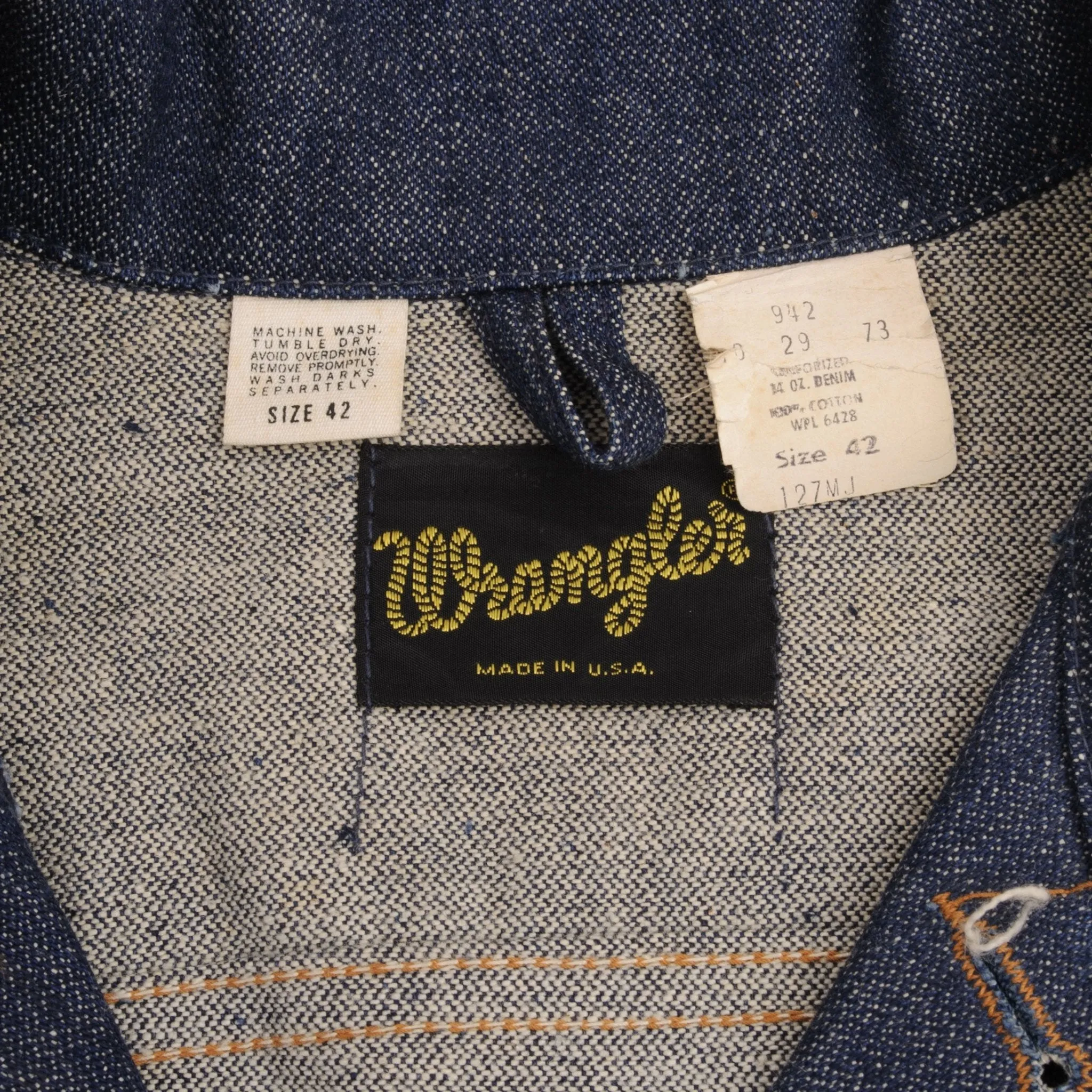 VINTAGE DEADSTOCK WRANGLER DENIM JACKET SIZE 42 1970S MADE IN USA