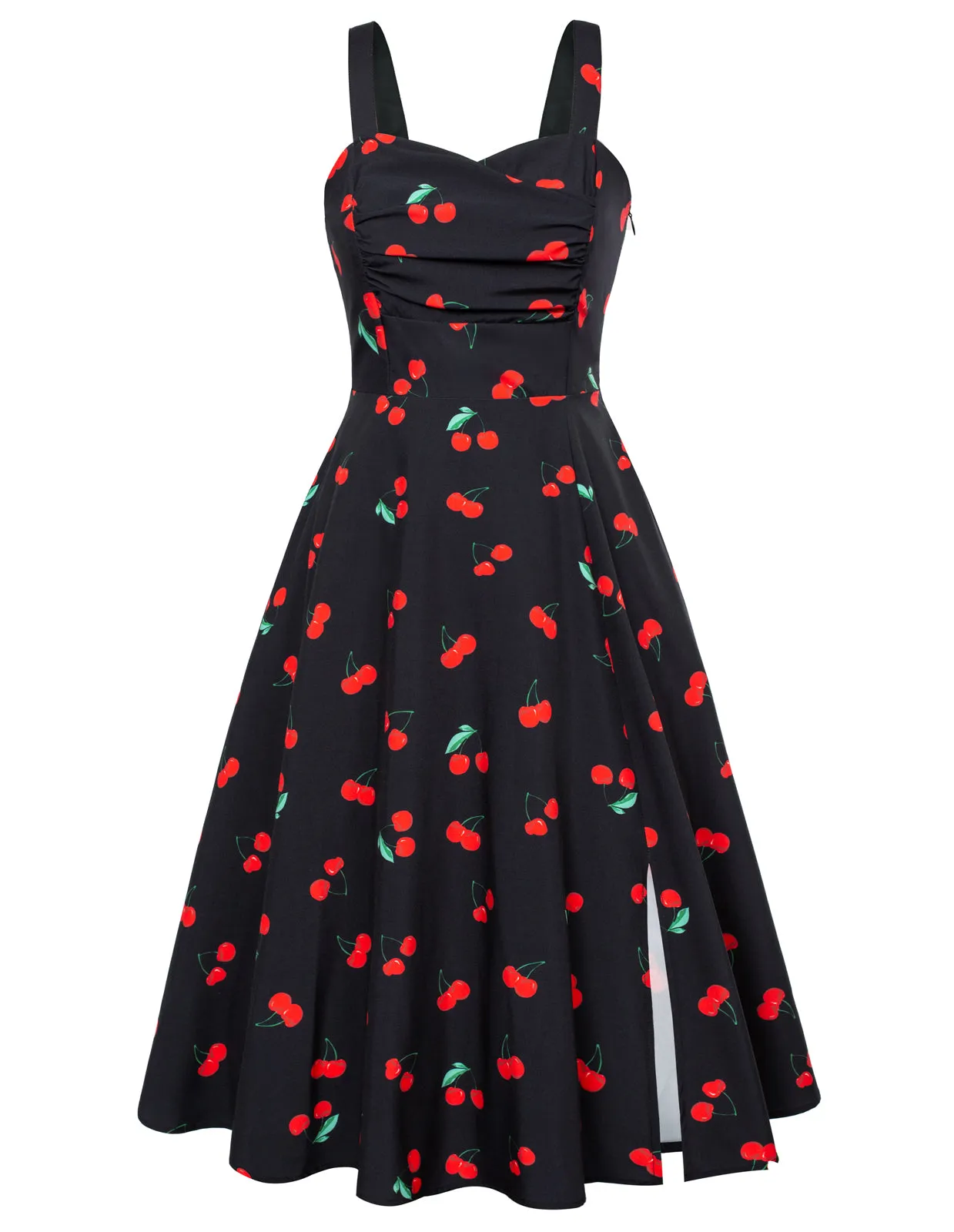 Vintage Strawberry Patterns Cocktail Dress Sleeveless Spaghetti Strap Ruched Slit A Line Swing Dress with Pockets