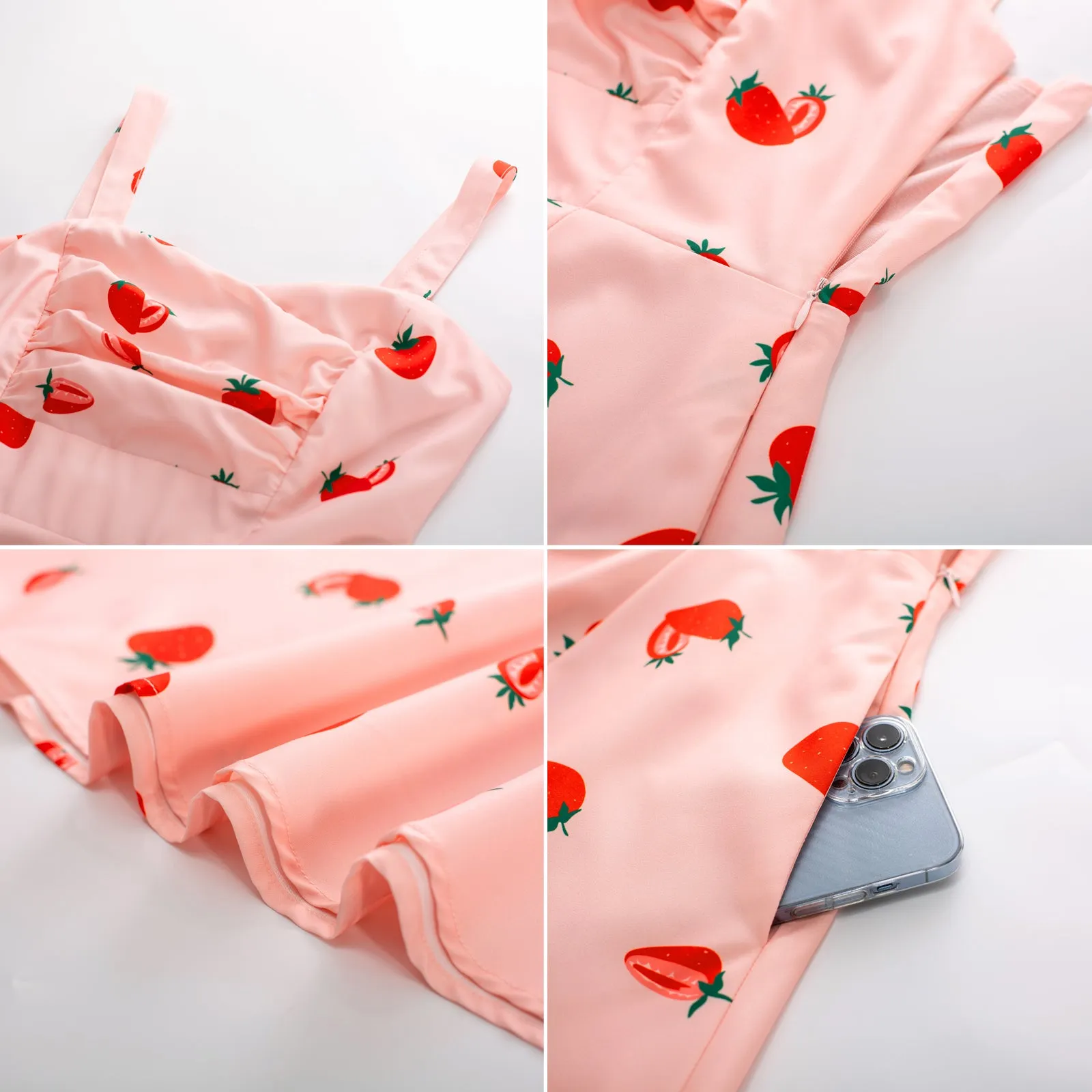 Vintage Strawberry Patterns Cocktail Dress Sleeveless Spaghetti Strap Ruched Slit A Line Swing Dress with Pockets