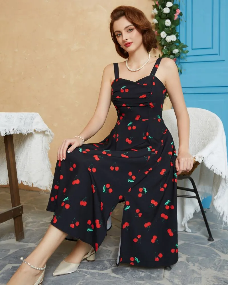 Vintage Strawberry Patterns Cocktail Dress Sleeveless Spaghetti Strap Ruched Slit A Line Swing Dress with Pockets