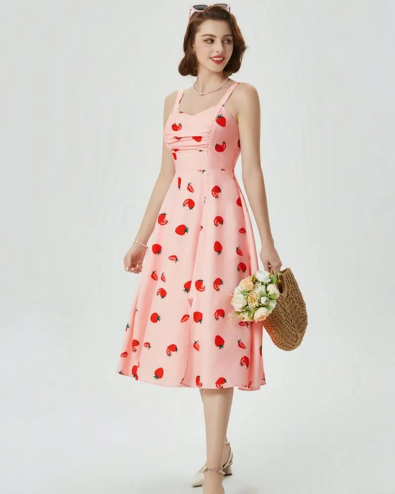 Vintage Strawberry Patterns Cocktail Dress Sleeveless Spaghetti Strap Ruched Slit A Line Swing Dress with Pockets