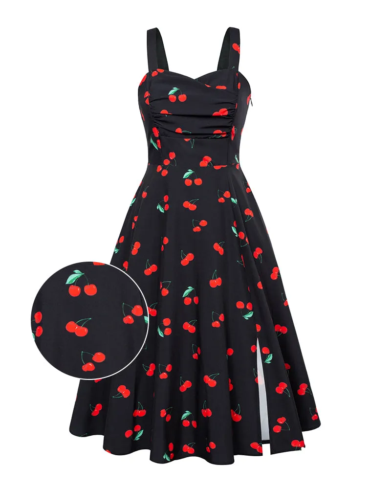 Vintage Strawberry Patterns Cocktail Dress Sleeveless Spaghetti Strap Ruched Slit A Line Swing Dress with Pockets