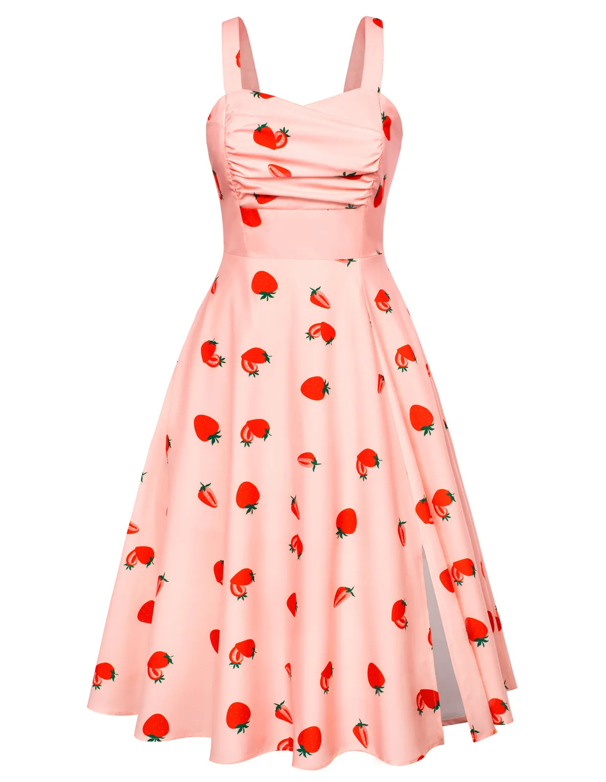 Vintage Strawberry Patterns Cocktail Dress Sleeveless Spaghetti Strap Ruched Slit A Line Swing Dress with Pockets