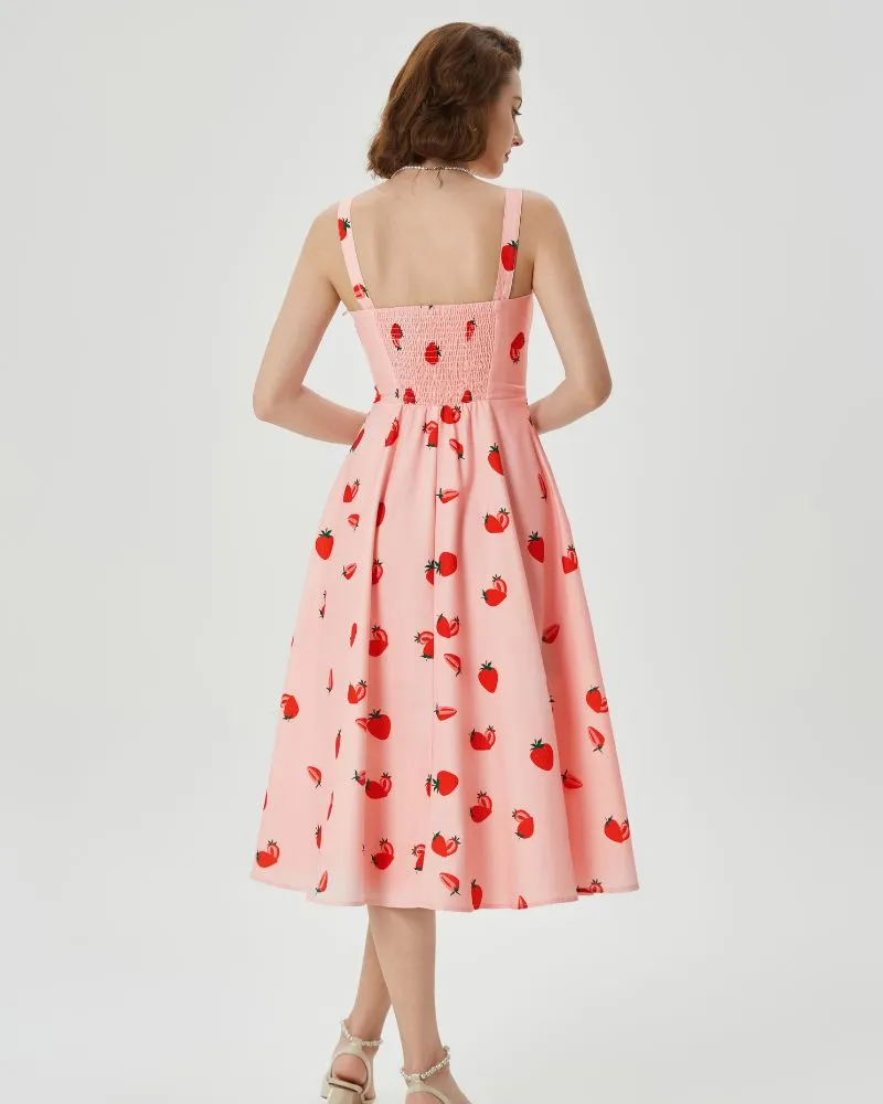 Vintage Strawberry Patterns Cocktail Dress Sleeveless Spaghetti Strap Ruched Slit A Line Swing Dress with Pockets