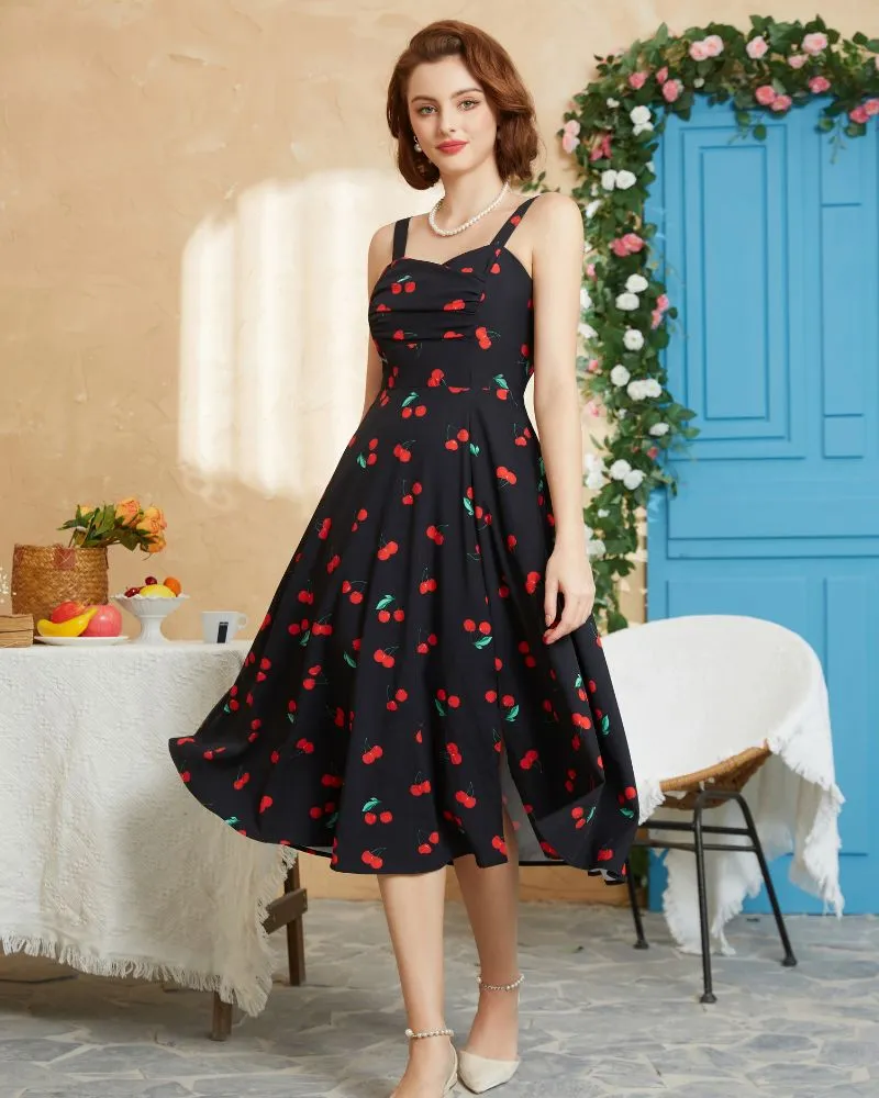 Vintage Strawberry Patterns Cocktail Dress Sleeveless Spaghetti Strap Ruched Slit A Line Swing Dress with Pockets