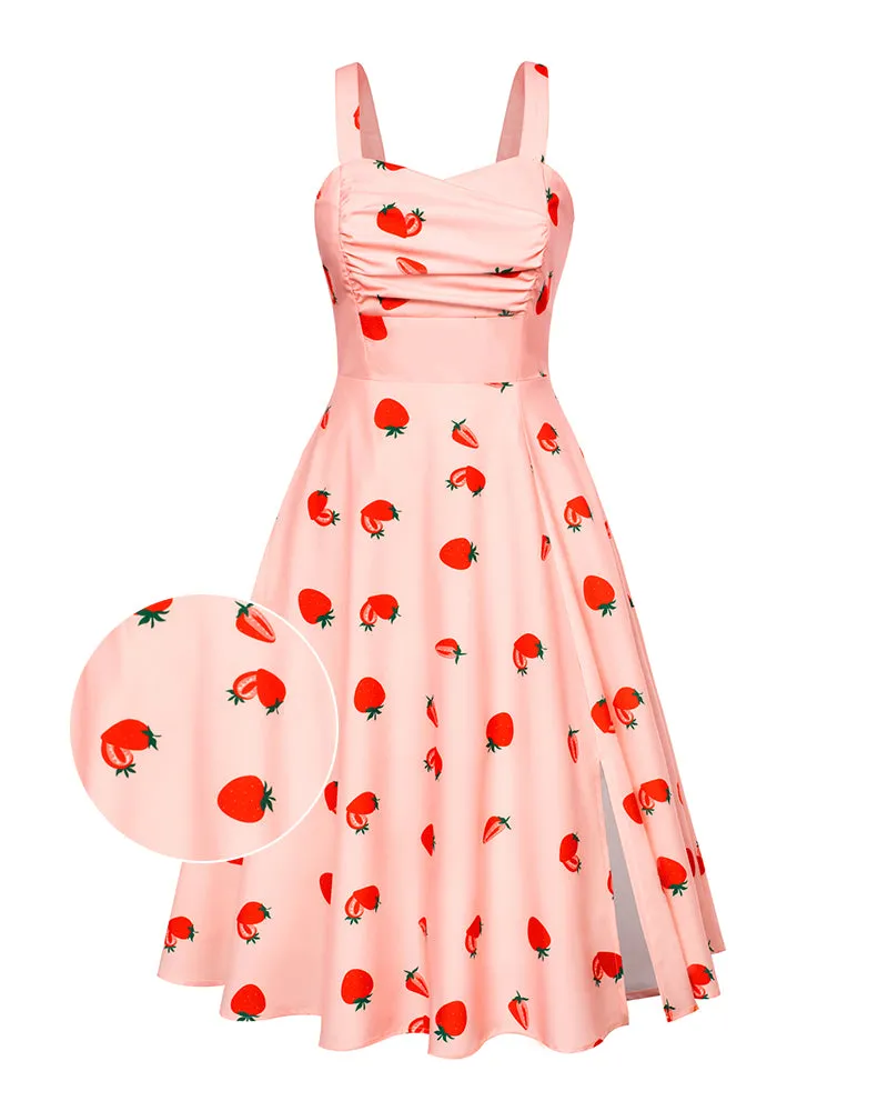 Vintage Strawberry Patterns Cocktail Dress Sleeveless Spaghetti Strap Ruched Slit A Line Swing Dress with Pockets