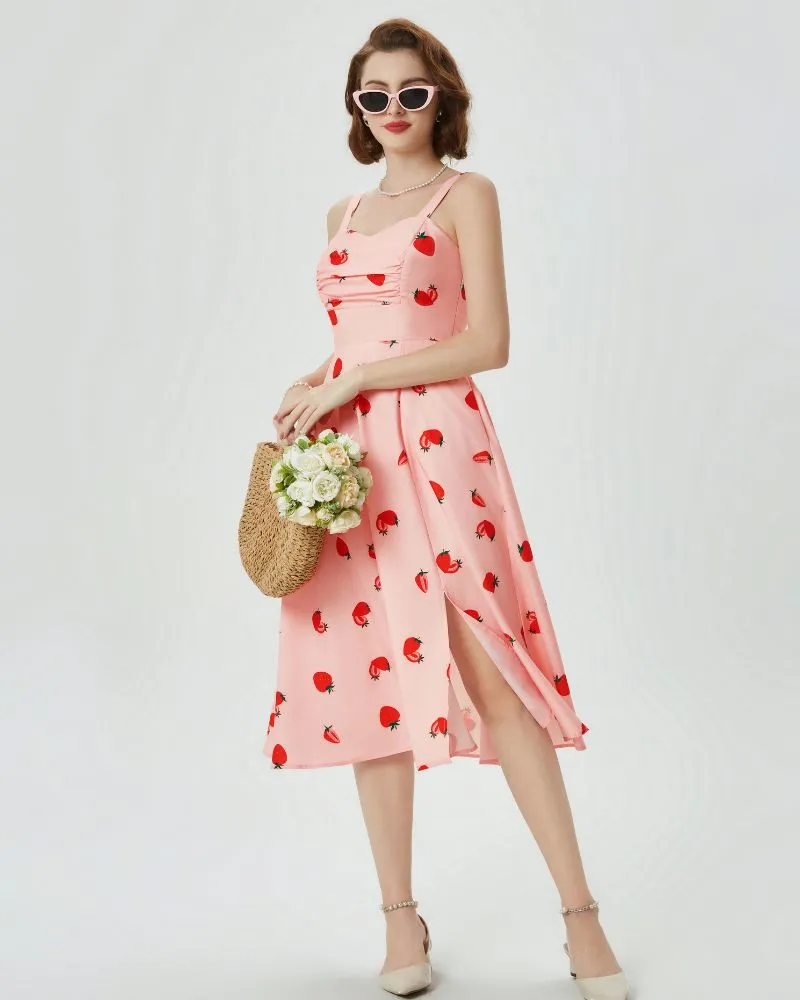 Vintage Strawberry Patterns Cocktail Dress Sleeveless Spaghetti Strap Ruched Slit A Line Swing Dress with Pockets