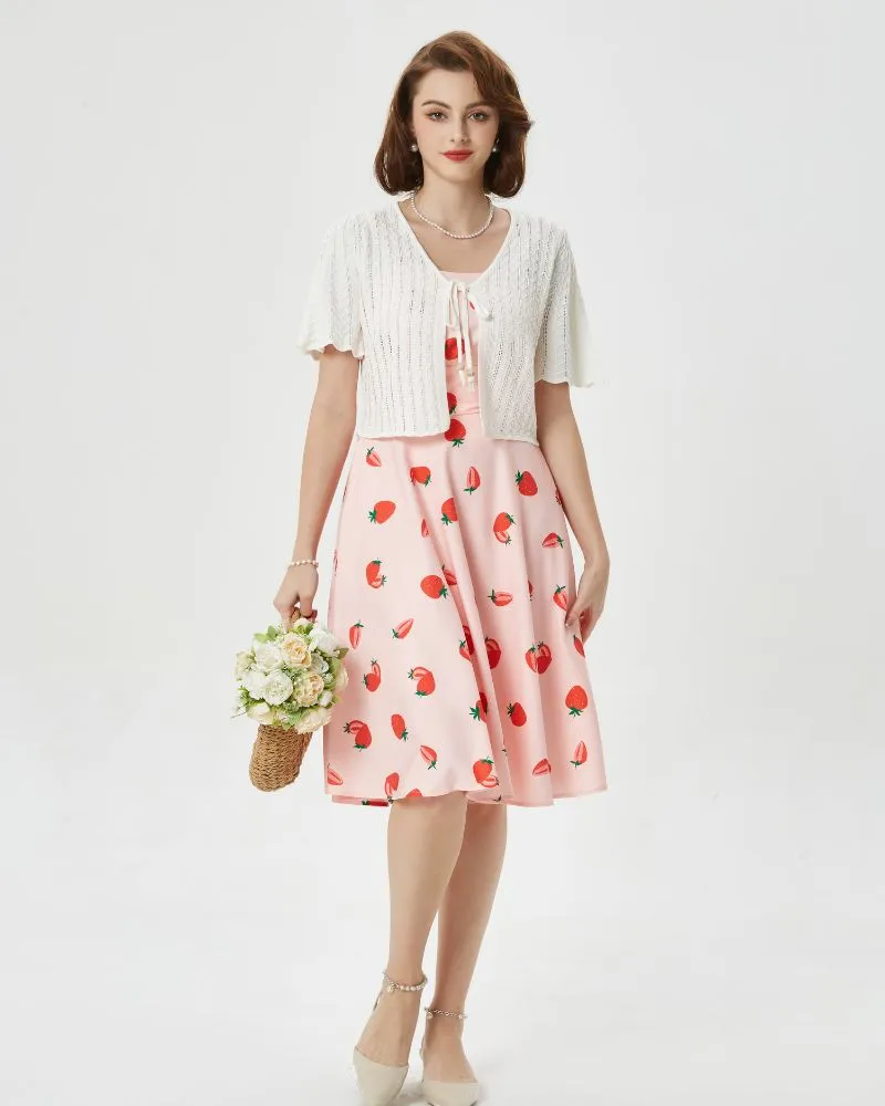 Vintage Strawberry Patterns Cocktail Dress Sleeveless Spaghetti Strap Ruched Slit A Line Swing Dress with Pockets