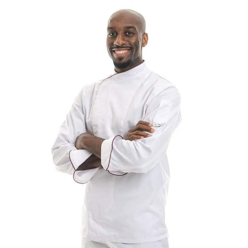 White Chef Coat with Burgundy Border Short Sleeve or Long Sleeve - MANELLI