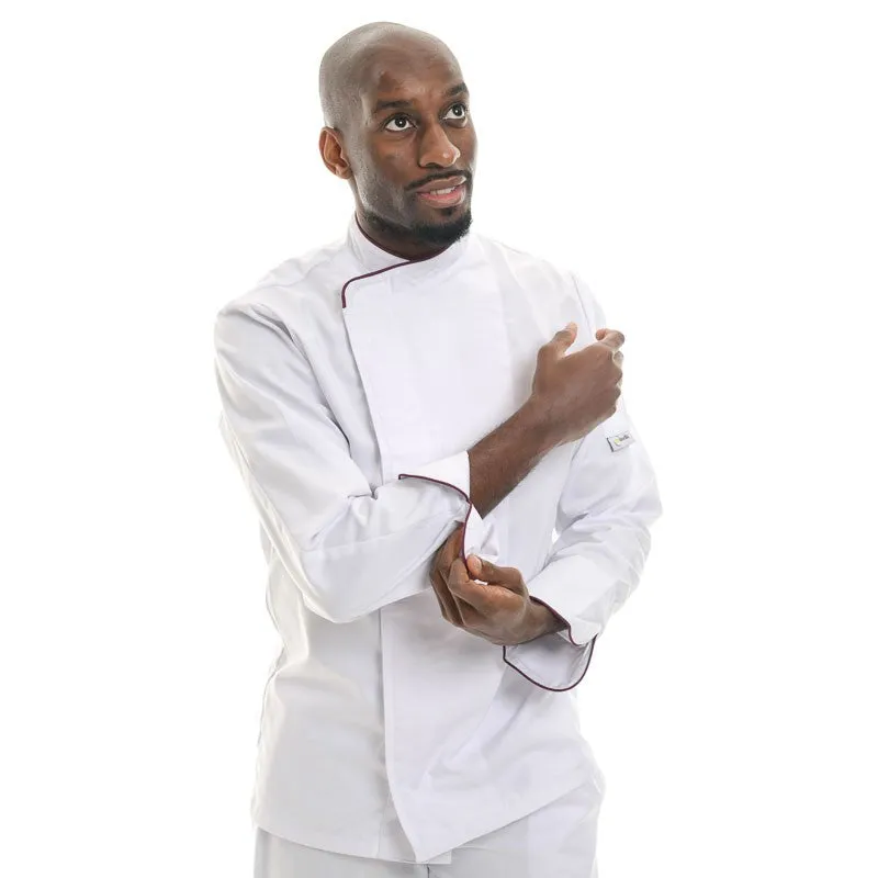 White Chef Coat with Burgundy Border Short Sleeve or Long Sleeve - MANELLI