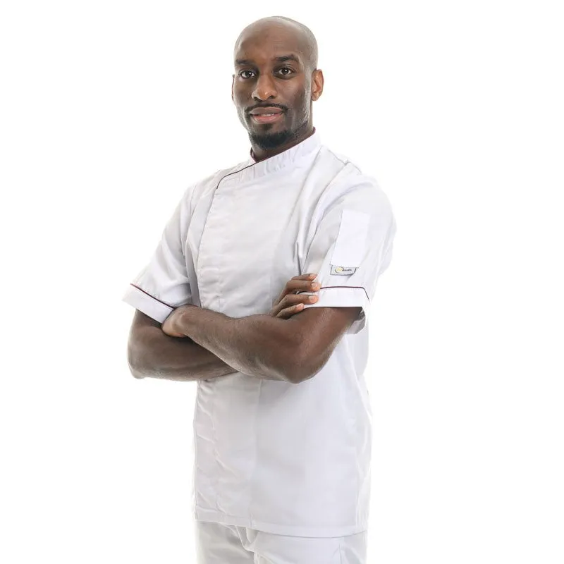 White Chef Coat with Burgundy Border Short Sleeve or Long Sleeve - MANELLI