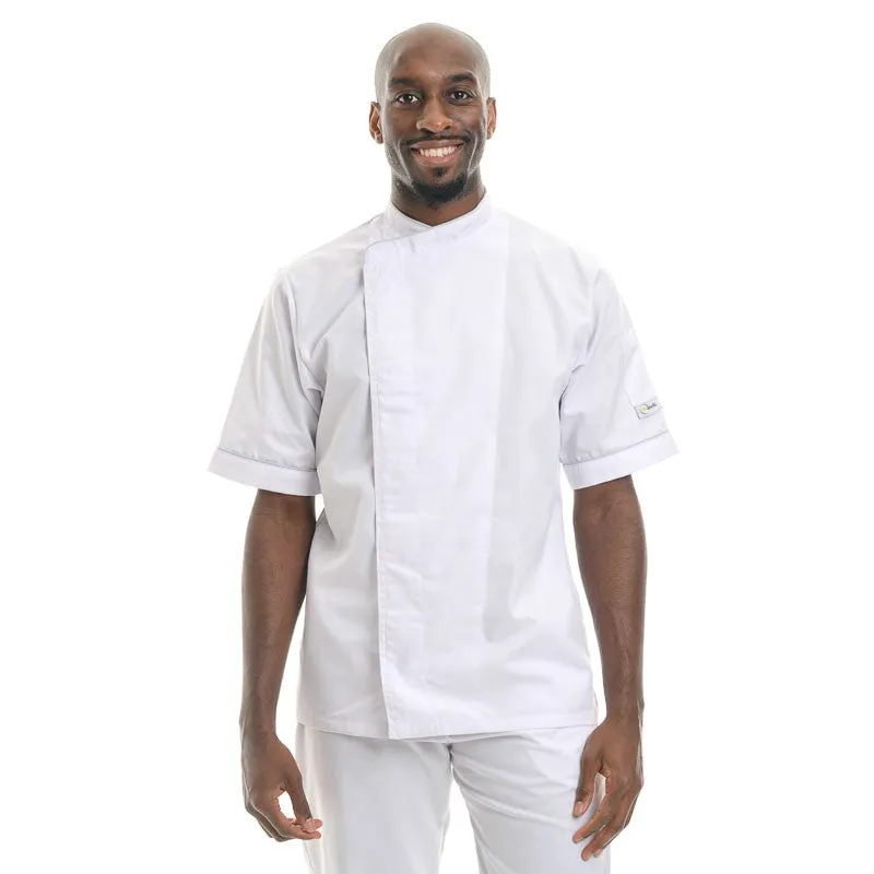 White Short Sleeve or Long Sleeve Kitchen Coat with Gray Piping - MANELLI