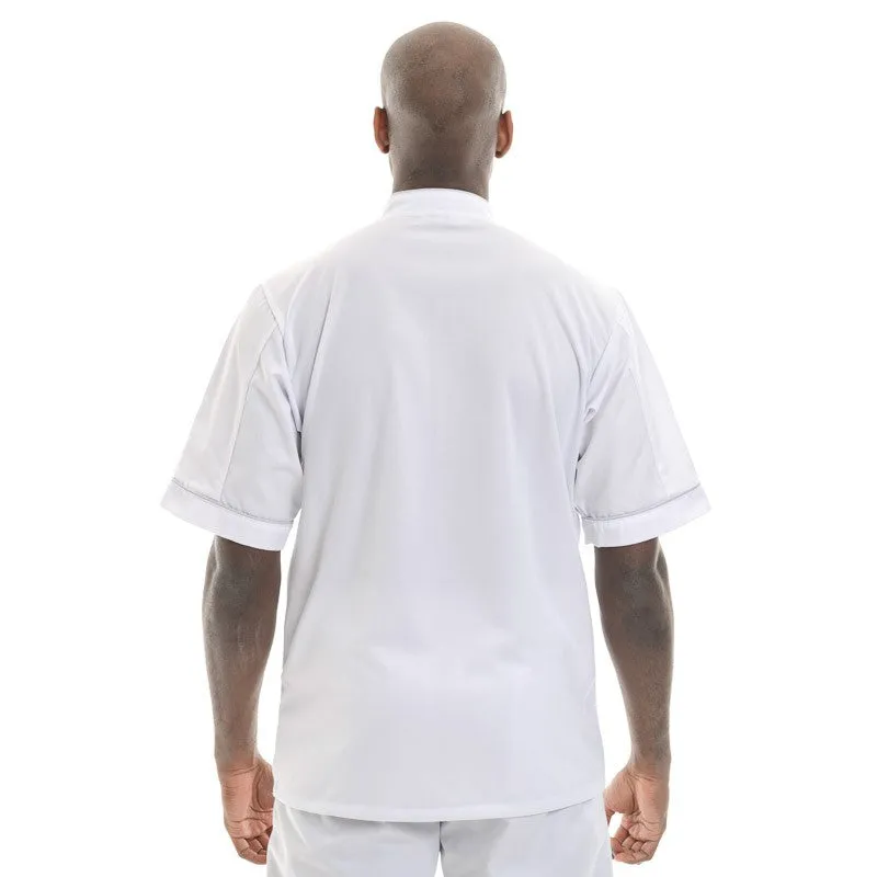 White Short Sleeve or Long Sleeve Kitchen Coat with Gray Piping - MANELLI