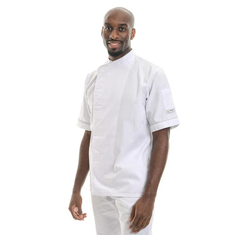 White Short Sleeve or Long Sleeve Kitchen Coat with Gray Piping - MANELLI