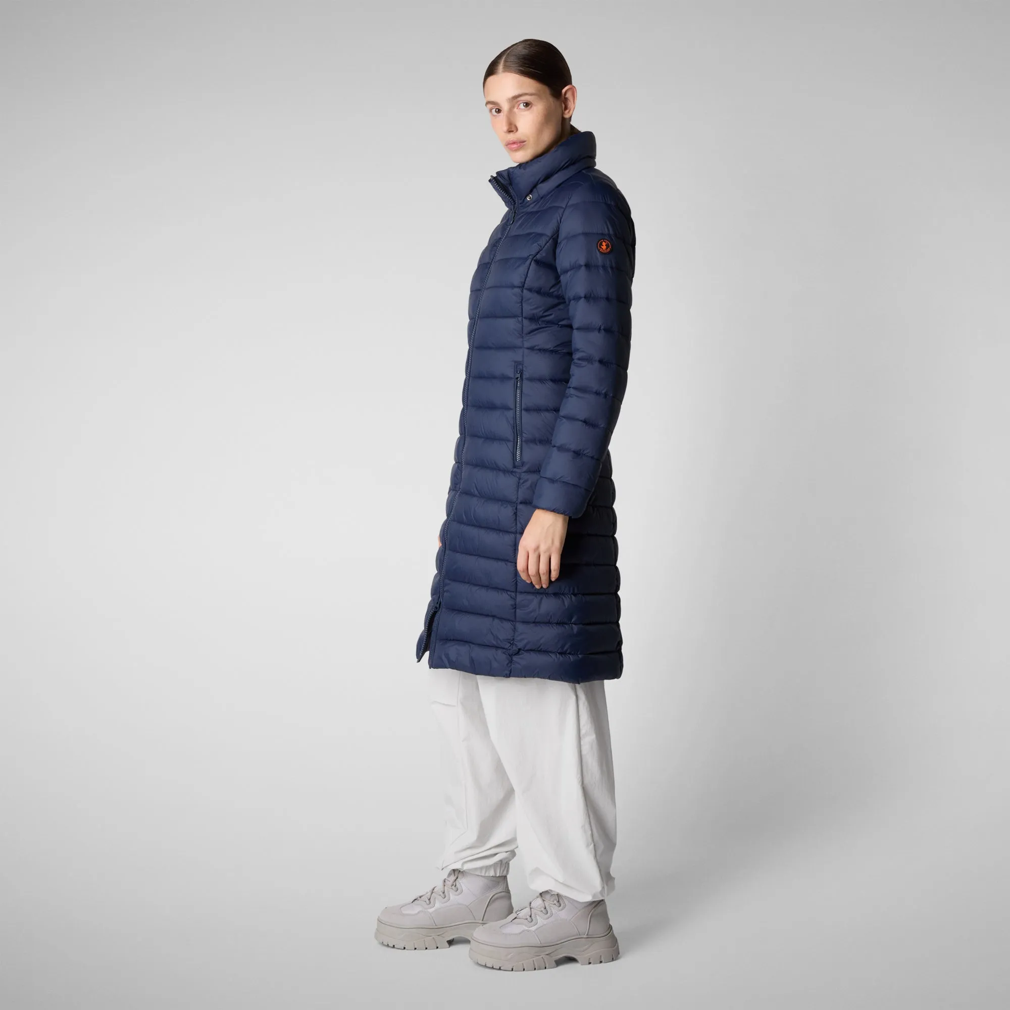 Woman's animal free hooded puffer jacket Eileen in navy blue