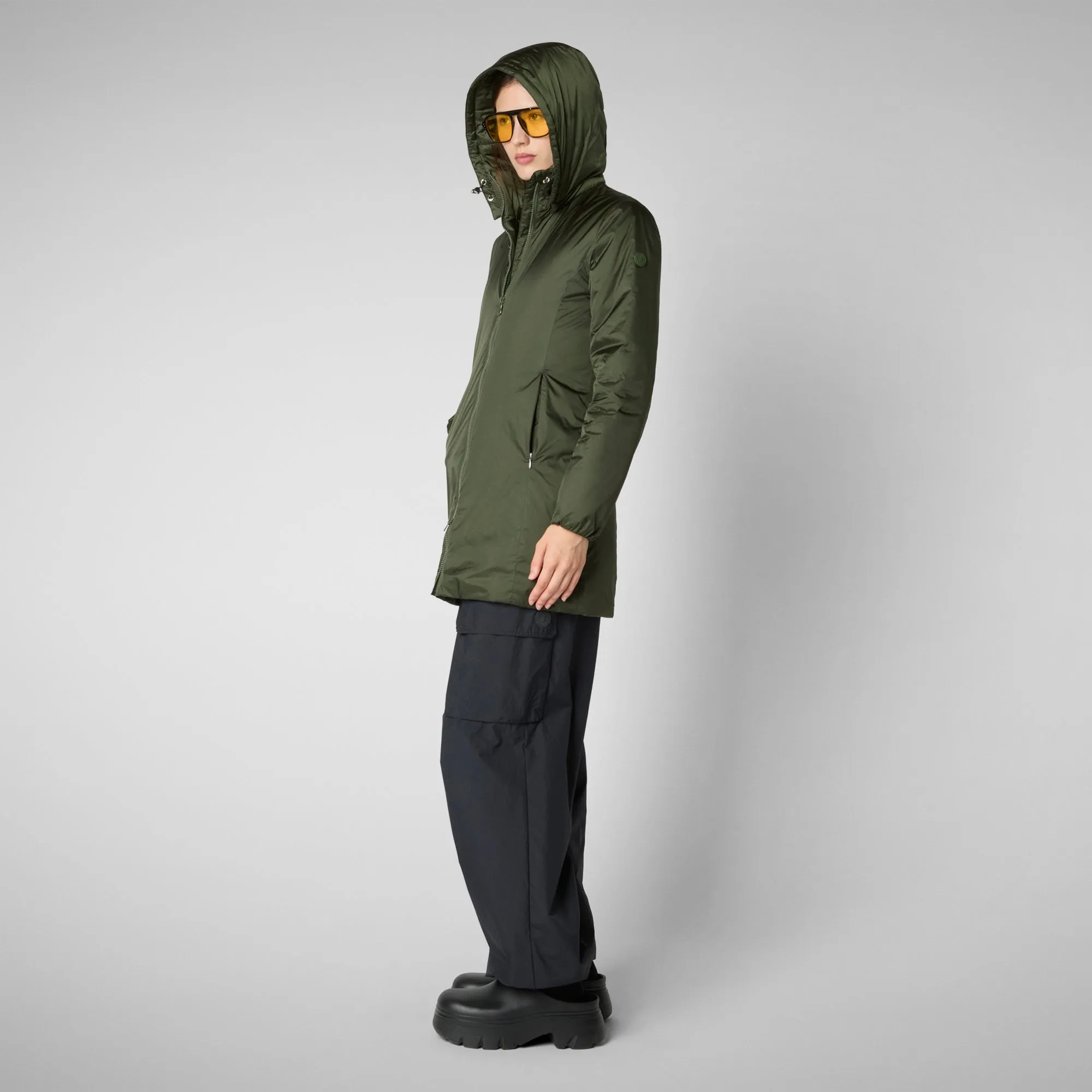 Woman's hooded coat Rhia in pine green