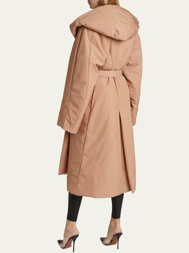 Women’s Belted Padded Wrap Coat in Beige