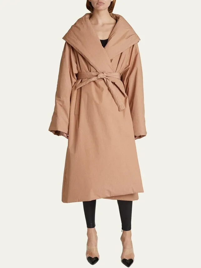 Women’s Belted Padded Wrap Coat in Beige