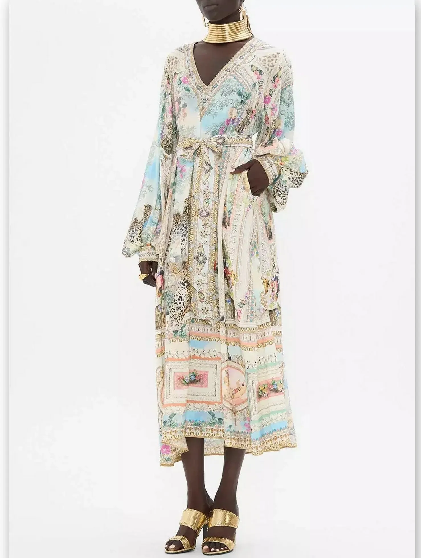 Women’s Crystal V-Neck Long Blouson-Sleeve Printed Dress