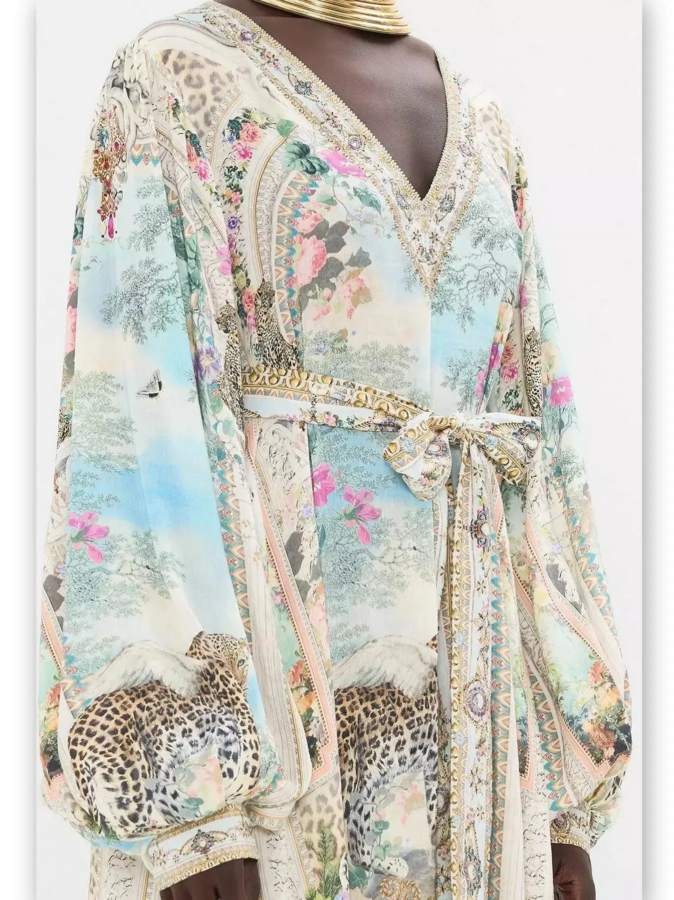 Women’s Crystal V-Neck Long Blouson-Sleeve Printed Dress