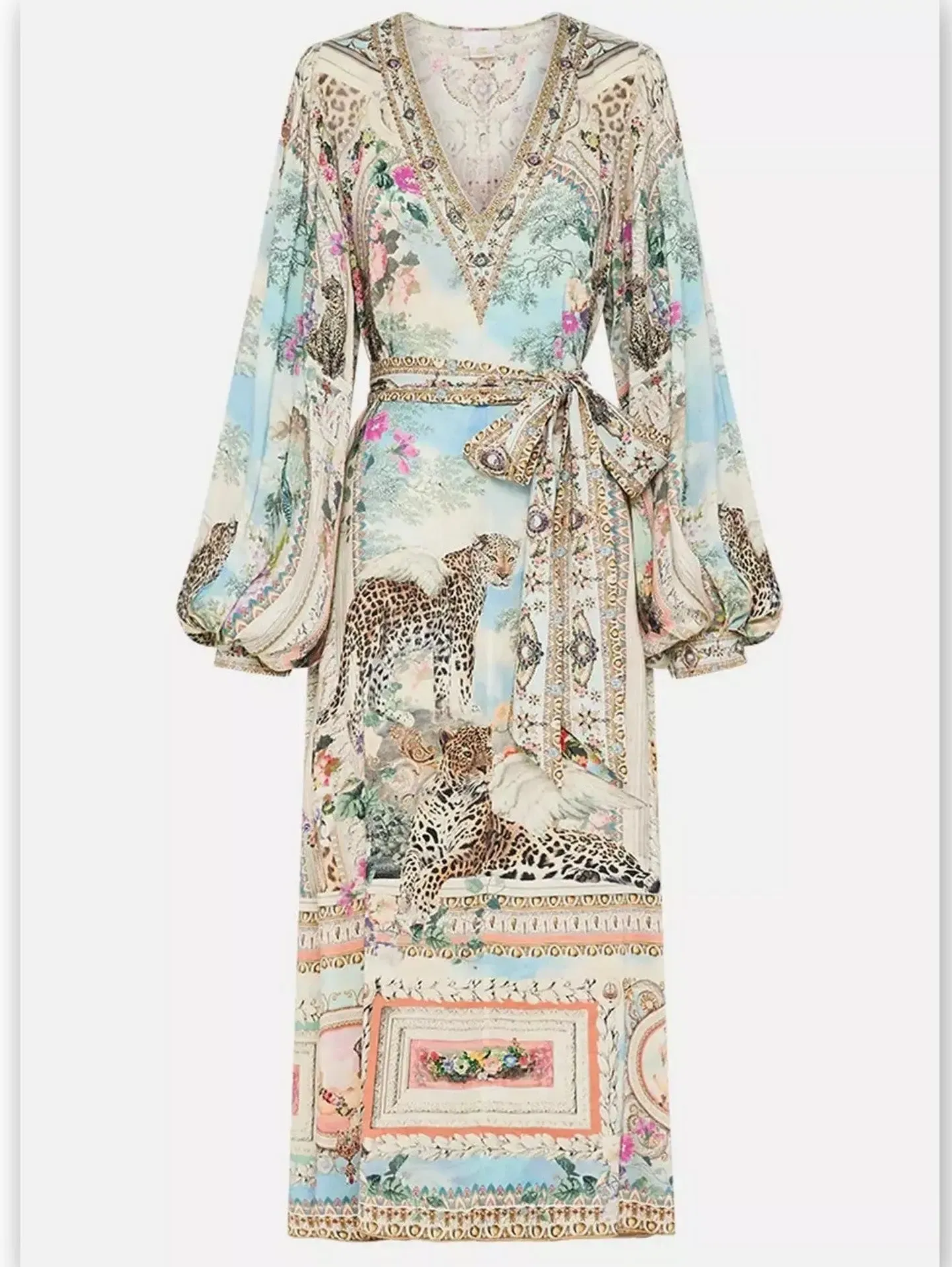 Women’s Crystal V-Neck Long Blouson-Sleeve Printed Dress