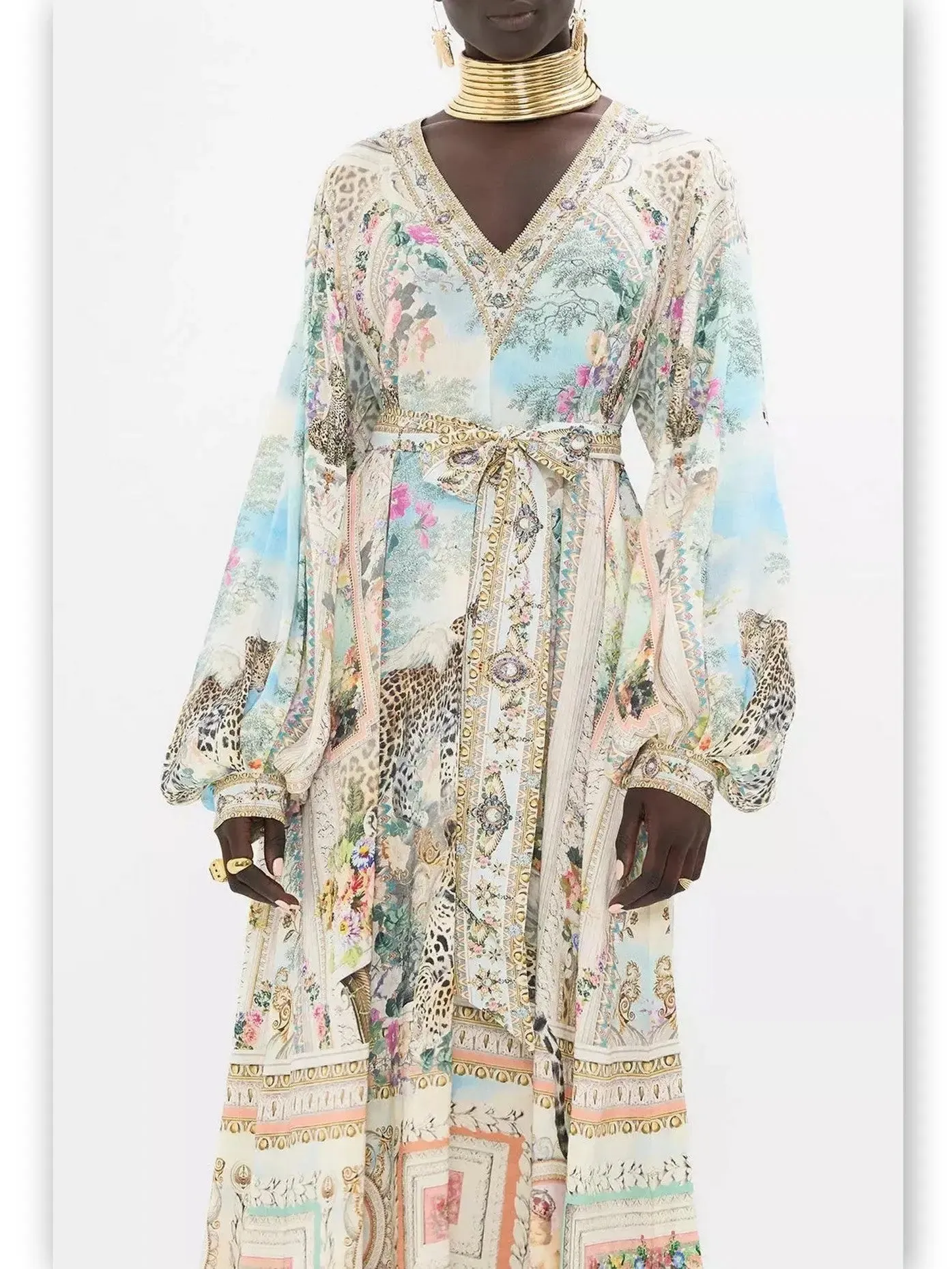 Women’s Crystal V-Neck Long Blouson-Sleeve Printed Dress