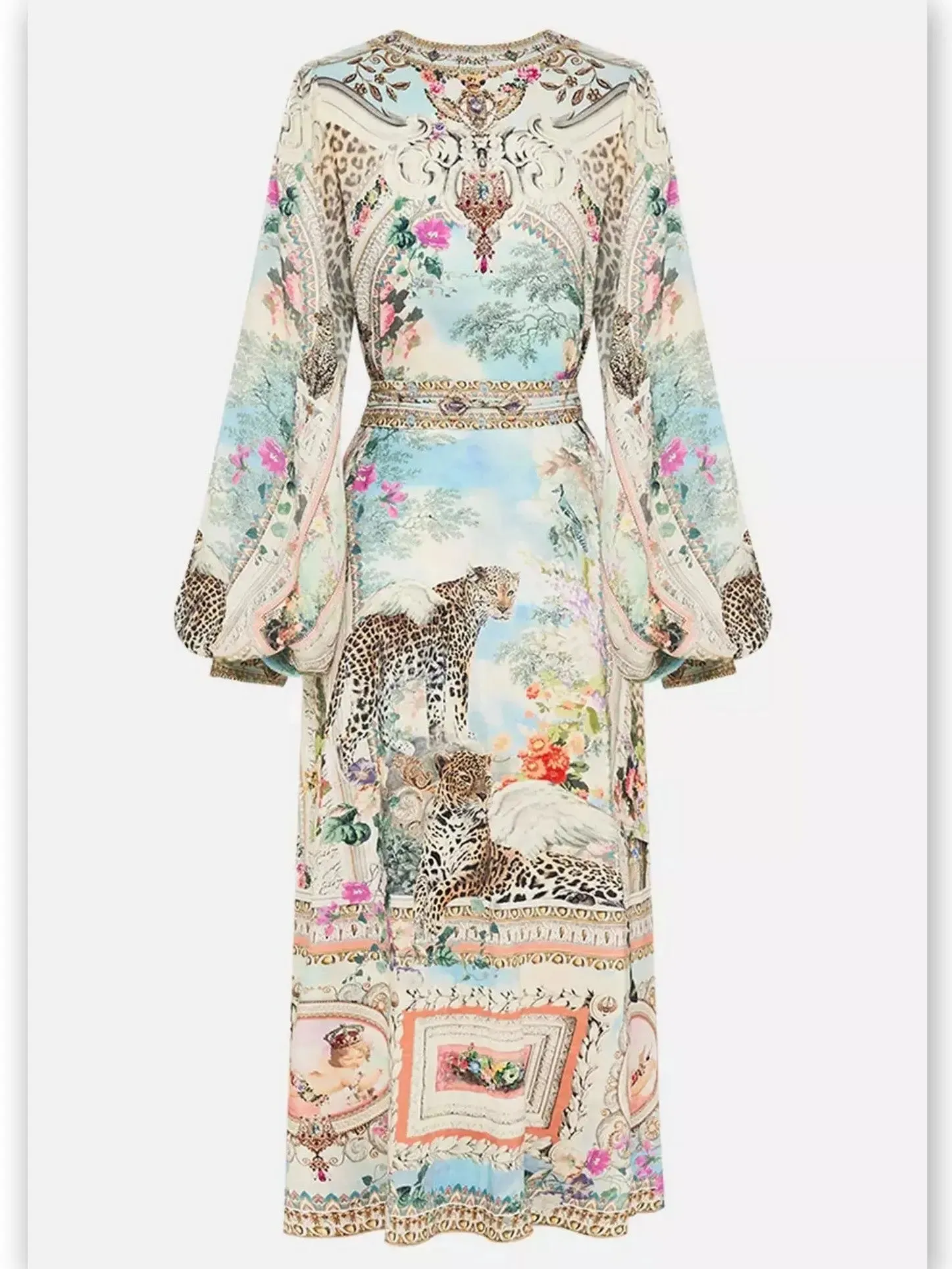 Women’s Crystal V-Neck Long Blouson-Sleeve Printed Dress