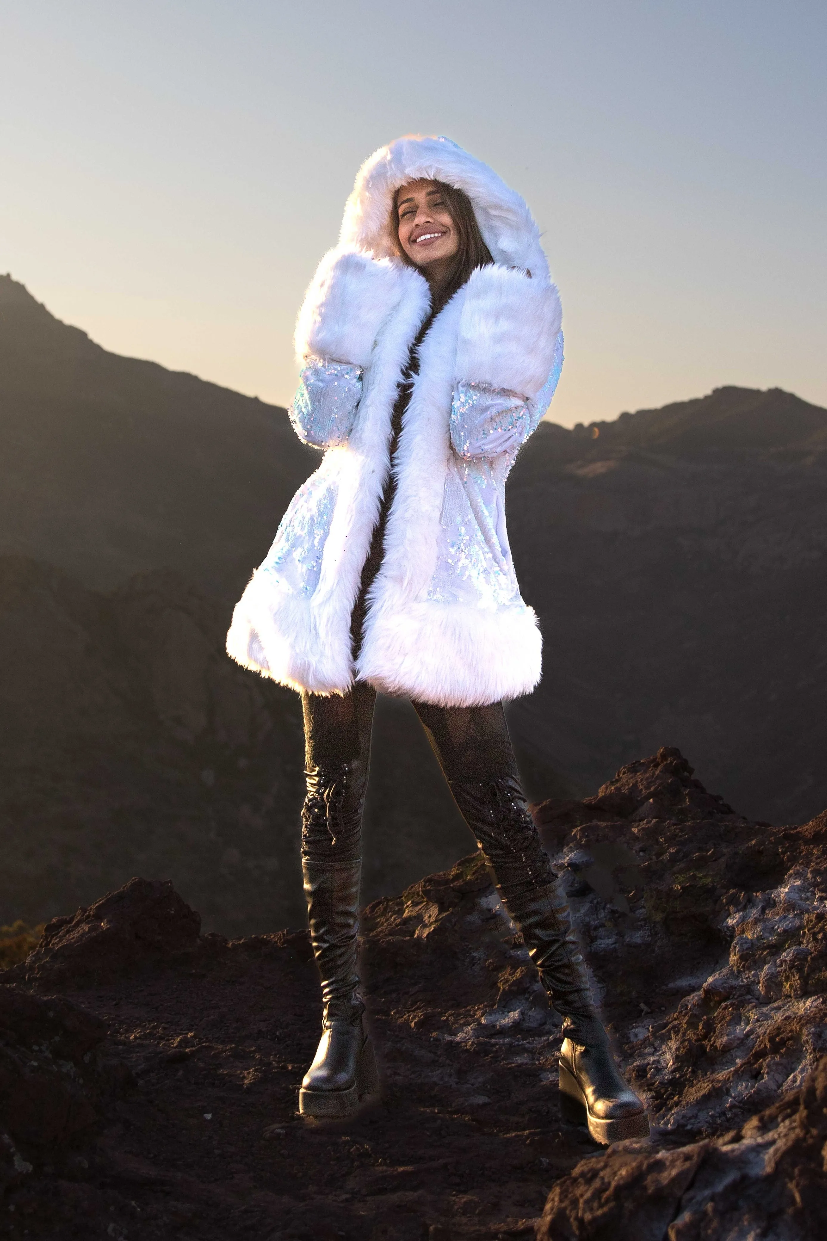 Women's Petite Playa Coat in "White Velvet Unicorn Sequin " IN STOCK