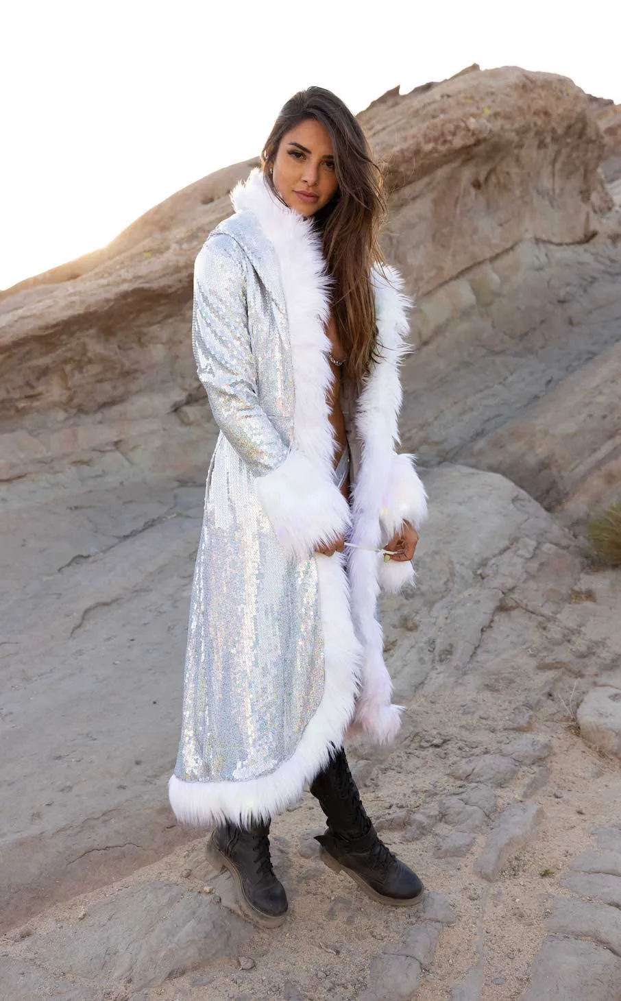 Women's Sequin Temptress Coat in "White Silver"