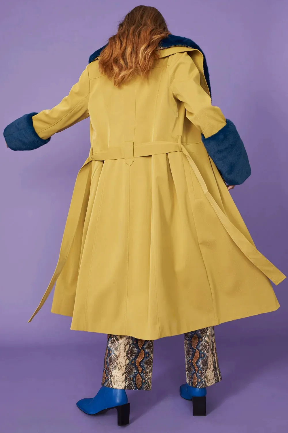 Yellow Faux Leather Trench Coat with Faux Fur Collar and Cuffs